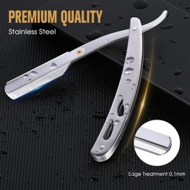 TSMADDTS Professional Straight Razors, Straight Edge Razor Shaving Kit for Men with Silver Straight Blade Razor, 20-Pack Single Edge Blade, Scissors, Tweezers, Leather Blade Holder