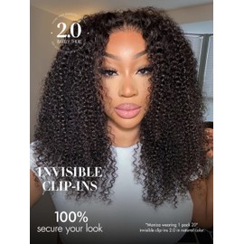 LUVME Invisible Clip ins Hair Extensions Deep Kinky Curly Real Human Hair Remy Hair Clip ins for Women, Natural Human Hair,16 inch 2 Pack 220g 12Pcs, Natural Black