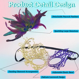 W.Sealet Lace Masquerade Mask for Women, Venetian Mask with Rhinestone, Detachable Peacock Feather, Adjustable Elastic Band - Purple