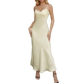 WOCV V Neck Bias Cut Premium Satin Adjustable Strap Slip Maxi Dress Yellow