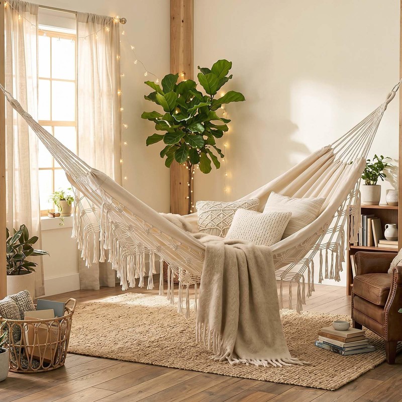Canvas Tassel Hammock Bohemian White Double 2-Person — GRSECPO