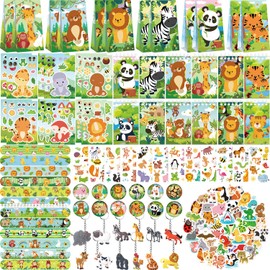 LSJDEER Wild Animals Party Favors, Jungle Safari Birthday Decorations, Animal Gifts Bags Keychain Mini Notepad Stickers Bracelets for Animal Party Supplies Kids Boys Girls