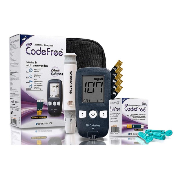 SD CodeFree Blood Glucose Meter Starter Kit + 50 Blood Sugar Test Strips + 100 Blood Lancets