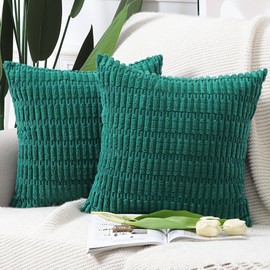 Madizz Pack of 2 Boho Striped Corduroy Throw Pillow Covers 16x16 inch, 40x40 cm, Dark Green Soft Decorative Cushion Cover for Sofa Bedroom Pillow Shell