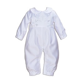 Cinda 3 Piece Boys Satin Christening Romper Hat Bib and Shoes, White, 3-6 Months