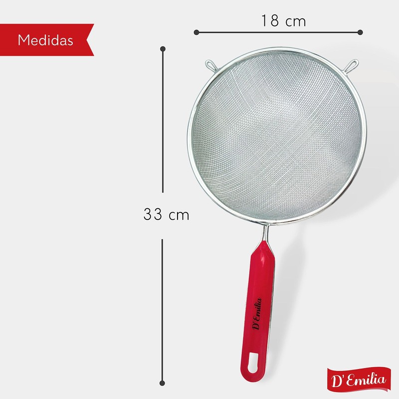 D'Emilia - Stainless Steel Kitchen Strainer with Red Ergonomic Handle,