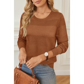 Arach&Cloz Womens Fall Sweater 2024 Crochet Crew Neck Long Sleeve Shirts Trendy Tops Casual Pullover Clothes Outfits Caramel