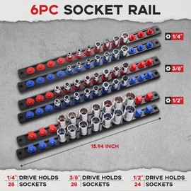 Reniteco 6-Piece Magnetic Socket Organizer, Heavy Duty Aluminum Socket Rails Organizer, 360° Swivel Clips Socket Holder Kit for Tool Box, 1/2, 3/8, 1/4-Inch Socket Holder x 80 Clips (Red&Blue)