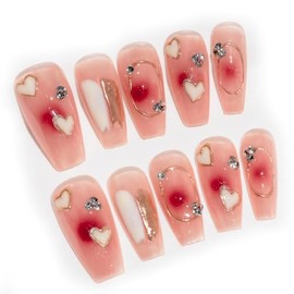 Sun&Beam Nails Handmade Long Coffin Ballerina Pink Gold False Nail Tips with Cute 3D Diamond Popular Charm Design Press On Nails 10 Pcs (#57 XS)