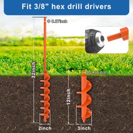 2Pcs Auger Drill Bit for Planting Hole 2 X 32 & 3 X 12 inch Hole Digger for Drill Garden Hole Drill for Bulb Planting and Post Hole Auger Earth Auger Bit for Mailbox Post, Fence Posts, Beach Umbrella