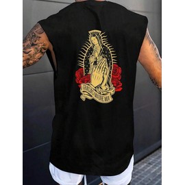 Men's Letter & Virgin Mary & Rose Print Round Neck Tank Top, Regular Fit Casual Sleeveless Graphic Vest for Summer, Fashion Men's Top for Daily Wear - Color: Black, Size: XXL