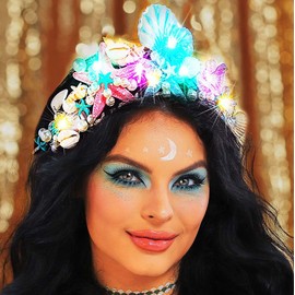 Fashband Boho Style LED Tiaras and Crowns with Starfish, Bright Coloured Shell Headbands for Bride, Starfish Headwear for Beach Wedding for Women