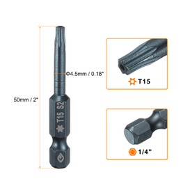 sourcing map 2pcs T15 Torx Screwdriver Bit 1/4" Hex Shank 2" Long S2 Steel Magnetic 6 Point Screw Driver Bits Industrial Grade Tamper Proof Star Drill Bits with Hole Torx Head