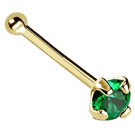 Jewelry Avalanche 22G Solid 14Kt Gold Nose Bone Stud with Prong Set real Emerald Gemstone, 14kt Yellow Gold or 14kt White Gold - May Birthstone Nose Ring-NBYG_ED-2MM
