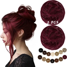 FeidyLong 2PCS Messy Bun Hair Piece Large Wavy Scrunchies Synthetic Chignon Ponytail Hair Extensions Thick Updo Hairpieces for Women 1.76oz each(Wine Red)