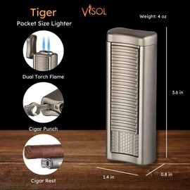Visol Tiger Double Flame Butane Torch Refillable Gas Lighter (Shipped Without Butane)