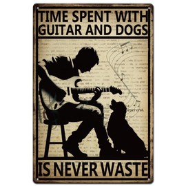 SUPERDANT Guitar with Dog Metal Tin Sign Time Spent On Guitar and Dog is Never Waste Rock Music Sign Vintage Metal Wall Art 20x31cm (7.87x12.20 inches)
