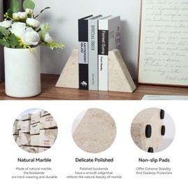 Karibiber Marble Bookends for Heavy Books, Decorative Book Ends for Shelves, Beige Stone Durable and Heavy-Duty Book Ends for Hardback Books & CDS, Unique Book Stopper & Holder, Set of 2
