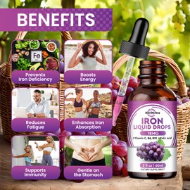 2 Pack Liquid Iron Supplement for Women, Men & Kids - Liquid Iron Drops with Folate, Vitamin C, B6, B12 for Anemia, Red Blood Cell, Energy Support - Grape Flavor