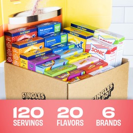 Singles To Go! 120ct Bulk Variety Pack - 20 Different Flavors from Skittles, Sonic, Sunkist, Starburst and More - Sugar Free Drink Mix Packets - Sugar Free Water Flavoring Packets
