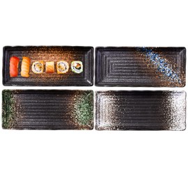 LMRLCS Sushi Platter, 10.2 Inches Rectangle Serving Plates, Japanese Vintage Plates, Sushi Plate, Porcelain Plates Set of 4 for Dinner, Parties, Meat, Sushi, Dessert, Dishwasher and Microwave Safe