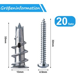Cavity Dowels Set, 20 Pieces Self-Drilling Plasterboard Dowels Metal, Drywall Dowels, Rigypsum Dowels with Rigypsum Dowels Screws for Mounting in Concrete, Bricks, Plasterboard Panels Uvm