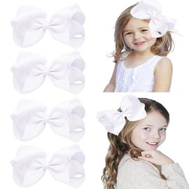 Yihurlm 4 PCS 6" Big Hand-made Grosgrain Ribbon Solid Color Hair Bows Alligator Clips Hair Accessories for Little Teen Toddler Girls Kids Set of4 (White)