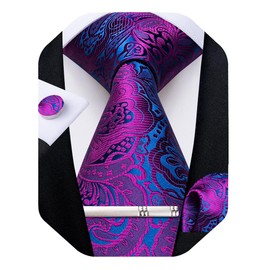 DiBanGu Silk Floral Ties for Men Woven Paisley Necktie and Tie Clip Handkerchief Cufflinks Set for Party Wedding, Hot Pink and Blue