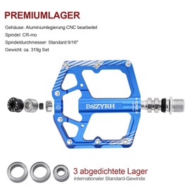 MZYRH Road Bike/Mountain Bike Pedals, 9/16 Inch Aluminium Alloy Bicycle Pedals, 3 Bearings MTB Pedals for Road Mountain BMX MTB Bicycle (Blue)