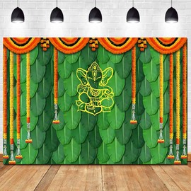 Indian Carnival Backdrop 7x5ft Banana Leaf Green Chatiya Ganesh Photography Background Mehndi Diwali Festival Marigold Puja Ganpati Wedding Photo Tapestry Booth Props Supplies