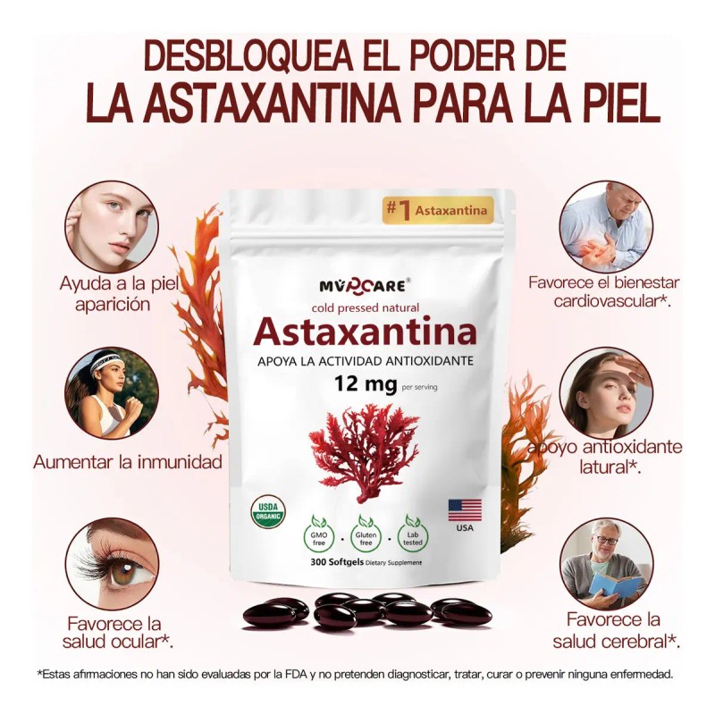 Astaxantina 12mg 300 Cápsulas Blandas Antioxidante Sabor
