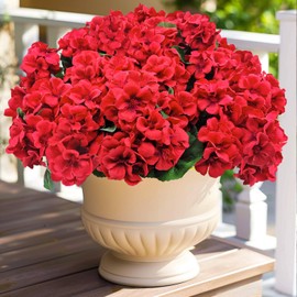 Guagb Artificial Geranium Flowers for Outdoors UV Resistant Red Silk Fake Geranium Plant Faux Floral for Home Indoor Outdside Planters Front Porch Patio Windeow Box Decoration (2 Pcs, Red)