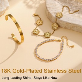 18K Gold Bracelet for Women, Gold Plated Stainless Steel Tennis Bracelets for Women, Vintage Five-Flower Chain Bangle Cuff Bracelets, Christmas Valentines Birthday Gift for Woman Wife (3PCS 18K)