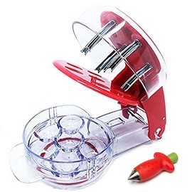Condello Casa Multi Cherry Pitter Machine Mason Jar for 6 Cherries Plums Olives Claw Strawberry Huller Stainless Steel Plasitc Fruit Top Stem Core Pit Remover Kitchen Corer Food Aid Gadget Tool Red