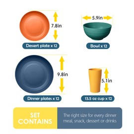 Teivio 48-Piece Kitchen Wheat Straw Dinnerware Set, Service for 12, Dinner Plates, Dessert Plate, Cereal Bowls, Cups, Unbreakable Colorful Plastic Outdoor Camping Dishes, Autumn Multicolor