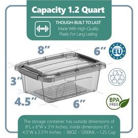 Tribello 12 Pack 1.25 Quart, Small Storage Container Bin With Lids, Mini Plastic Storage Container With Latching Lids For Organizing - Tinted - (8’ x 6” x 3”) - Made in EU