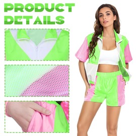 80s Tracksuit Costumes for Women Color Block Windbreaker Outfits Short Sleeve Zip Front Tracksuit Set (Green, Medium)