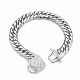 Aiyidi Heavy Double Cuban Link Chain Dog Collar Stainless Steel Silver Chain for Dog, Waterproof, Chewproof, Luxury Zirconia Lock Dog Necklace, Width16MM Dog Chain Collar for Medium Large Dogs(24'')