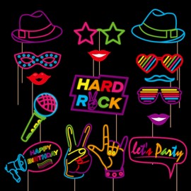 16 Pcs Glow Neon Photo Booth Props with Stick, Let's Glow in The Dark Fluorescent Neon Party Supplies Favor Decoration for Birthday Disco Black Light Party