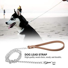 Correa de metal para perros, correa de cadena para perros de alta resistencia Cuerda de entrenamiento para perros Correa de plomo con mango de PU para perros grandes, medianos, de tamaño pequeño (marrón)