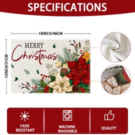 Heirloom Haven 4PCS Merry Christmas Placemats 12x18 inch Red Floral Holly Seasonal Winter Place Mats Rustic Plastic Christmas Table Mats for Kitchen Dining Indoor Home Party Decoration
