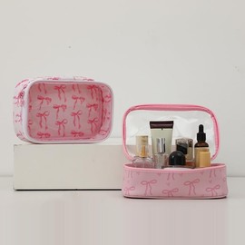 Yoolhamy Pink Clear Bow Cosmetic Bag For Women Girls Cute Bow Travel Bag Coquette Zipper Model Cosmetic Bag For Birthday Gift, Pink, Heart Bow