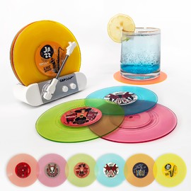 Funny Retro Vinyl Record Coasters, Creative Drink Coasters Set of 6 with Vinyl Record Player Holder for Music Lovers, Housewarming Hostess Gifts (6, V3)