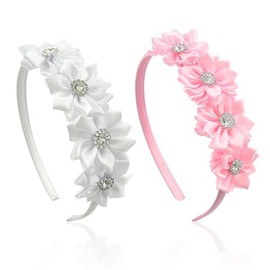 2 Stücke Blumenstirnband, Mit Diamanten Verkrusteter Stirnband, Kinderstirnband, Satin-Stirnband, Einfaches Stirnband (Rosa, Weiß).