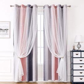 KAHEAUM Blackout Curtains for Living Room Bedroom Home Nursery Kids,2 Panel 46 x 54 inch Drop White Voile Net Curtains for Windows,Soundproof Thermal Black Out Curtains Eyelet Set Pink Grey Curtains