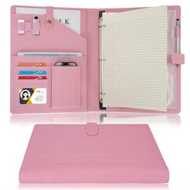 Wonderpool A4 PU Leather Portfolio Holder Ring File Document Case with Removable Binder Clipboard, Multi Pocket and Legal Pad for Business Organizer Interview and Meeting (Pink)