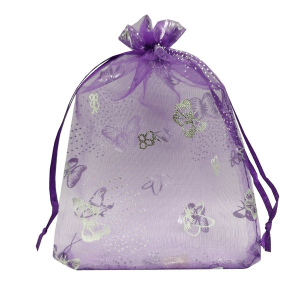 Ankirol 100pcs Sheer Organza Favor Bags Purple Butterfly Print for Wedding Bags Samples Display Drawstring Pouches (4x6)