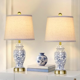 RORIANO Chinoiserie Ceramic Table Lamps Set of 2 for Living Room Bedroom Bedside, Traditional Blue and White Porcelain Classic Table Lamp for Nightstand Entryway, 2 LED Bulbs Included