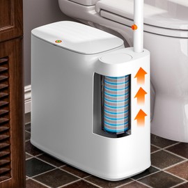 CTIME 3.5 Gallon Bathroom Trash Can with Toilet Brush& included 12 Pre-soaked Disposable Toilet Brush Heads, White Small Trash Can with Lid, Slim Garbage Can for Bathroom, RV