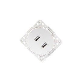 Adapter mit 2 USB-Steckdosen, deutsch/französisch, Weiß, ideal zum Laden elektronischer Geräte in verschiedenen Steckdosen.